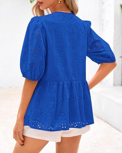 KIRUNDO Peplum Tops for Women 2026 Summer Eyelet Tie Front Blouses Casual Short Lantern Sleeve Cute Y2K Lace Babydoll Shirts view 2