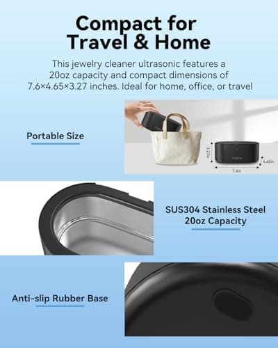 JeaTone Ultrasonic Jewelry Cleaner, 46KHz Sonic Jewelry Cleaner Machine for All Jewelry, Eyeglasses, Retainers, Dentures, Rings, Watches, Earrings & More, 304 Stainless Steel 20oz Cleaning Pod (Black) view 5