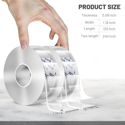 dosun Double-Sided Tape, 0.08Inch Thick Heavy Duty Enhanced Transparent Adhesion Tape. 2 Rolls Reusable Mounting Tape, Nano Tape for Poster Carpet Picture Hanging Strip Rug Wall Outdoor (20FT) view 5