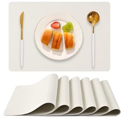 Boobezeen Faux Leather Placemats Set of 6, Heat Resistant Wipeable Washable Vinyl Place Mats, Waterproof Anti-Slip Dining Table Mats, Suitable for Indoor & Outdoor Use (Ivory White)