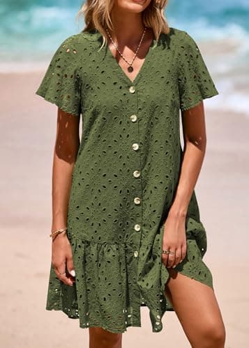 KIRUNDO Eyelet Dresses for Women 2026 Spring Summer Short Sleeve Button Down Loose Mini Babydoll Dress Beach Vacation Clothes view 5