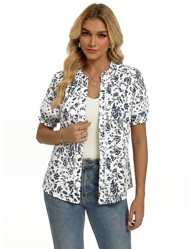 GRACE KARIN Women Boho Floral Tops, Summer Short Eyelet Sleeve Dressy Casual Shirts, Spring Button Down Blouse 2026 Trendy view 3