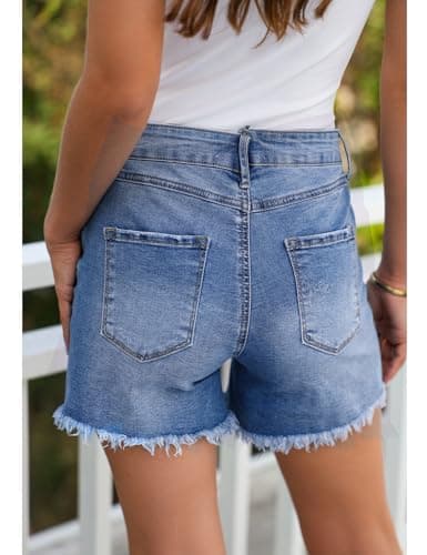 luvamia Jean Shorts for Women Mid Rise Trendy Stretchy Crossover Waist Denim Shorts Raw Hem Casual Summer Pockets view 3