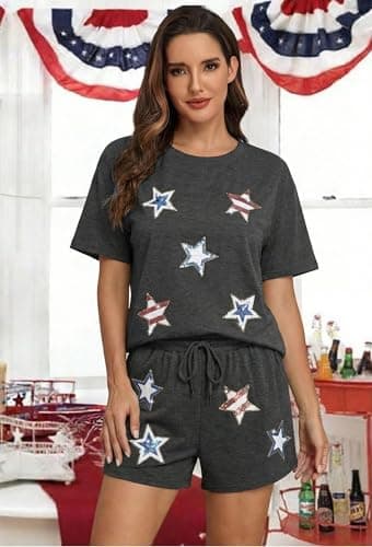 MYHALF 4th of July Sets for Women Sequin Star Graphic Shirt and Shorts Patriotic Outfits 2 Piece Short Sleeve Lounge Set view 5