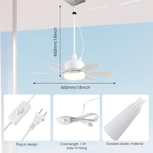 AHAWILL Outdoor Ceiling Fans with Lights,18" Gazebo Fan with Hanging Hook,Plug in Ceiling Fan,3CCT Dimmable,Portable Fan for Patios,Tent,Camping.White view 2