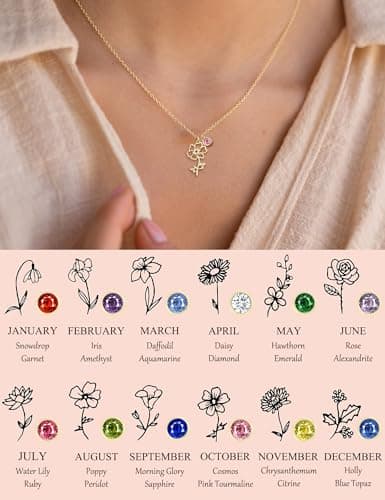 ZNBOH Birthstone Flower Necklace for Women 14k Gold Plated Dainty Necklace Trendy Pendant Necklace Simple Cute Choker Necklace Non Tarnish Emerald Blue Green Birthday Gifts for Women Jewelry view 3