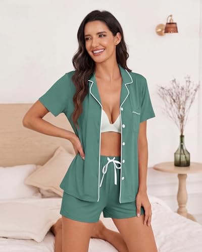 VRVOICE Womens Button Down Pajamas Set Short Sleeve Sleepwear Bride Pjs Soft 2 Piece Lounge Shorts Set XS-XXL view 3