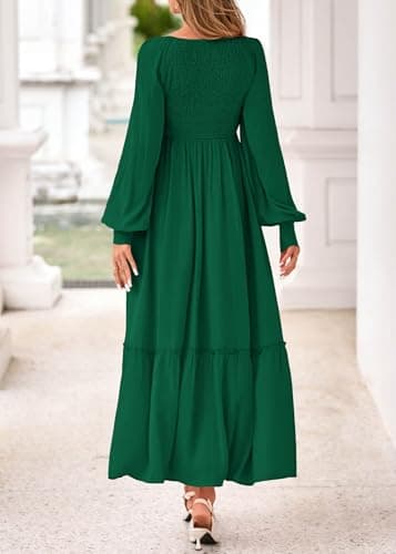 KIRUNDO Casual Fall Dresses for Women 2026 Flowy Long Sleeve Maxi Dress Smocked Empire Waist Square Neck Wedding Party view 2
