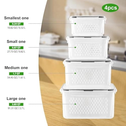 Freshmage Fruit Storage Containers for Fridge with Removable Colander, Airtight Food Storage Container, Dishwasher Safe Produce Saver for Refrigerator, Keep Berry Fruit Fresh Longer 4 pcs Small Clear view 3