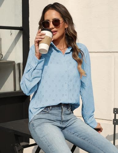 CiCiBird Womens Dressy Casual Lace Blouse Long Sleeve Button Down Shirts Eyelet Summer Tops view 5