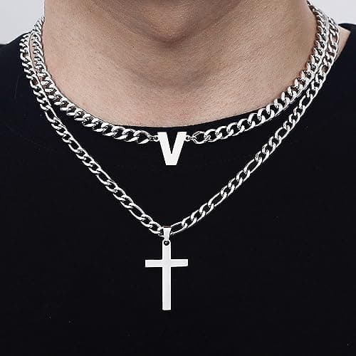 ZNBOH Cross Initial Necklace for Men Stainless Steel Silver Layered Cuban Figaro Link Chain Letter Christian Cross Pendant Initial A-Z Jewelry Gift for Husband Women view 5