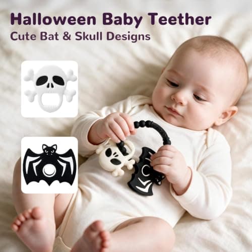 Halloween Baby Teething Toys, Boo Basket Stuffers for Toddlers & Newborns | Bat & Skull Goth Teether for Infants; Textured Sensory Teething Ring, Silicone Chew Toys, Gift for Baby's First Halloween view 4