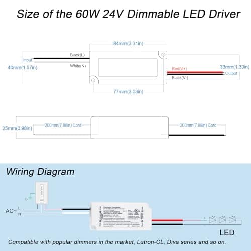 Hanbaak 60W Dimmable LED Driver, Electronic Transformer, 120V AC to 24V DC Power Supply for LED Strip Light, Low Voltage Lighting Project, Compatible with Lutron Leviton Dimmers, UL Listed, Class 2 view 3