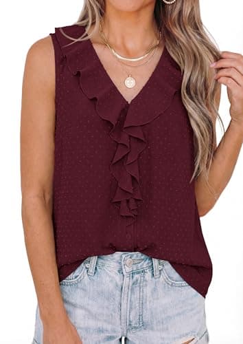 PRETTYGARDEN Tank Tops for Women 2026 Summer Fashion Sleeveless Ruffle Button Swiss Dot Dressy Casual Blouses Work Shirts view 4