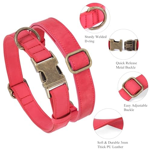 Jumpress Soft Leather Dog Collar for Small Medium Large Dogs, Heavy Duty Dog Collar Leather with Quick Release Metal Buckle, Durable & Adjustable for Small Dogs Walking (Red, S) view 2