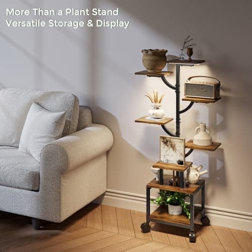 Plant Stand Indoor with Grow Lights - 7-Tier Plant Stand with Wheels, Tall Metal and Wood Indoor Plant Shelf with Tree Design, Rolling Flower Pot Holder Rack with Waterproof Finish, Adjustable Display Stand for Home Garden, Patio, 41" Tall view 5