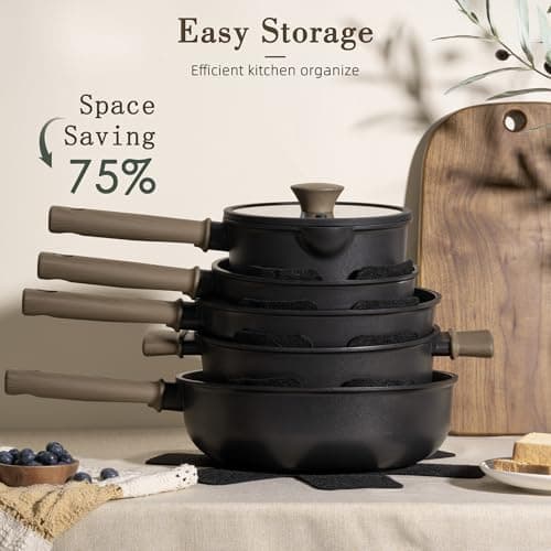 Astercook Non Stick Pots and Pans Set, Healthy Non-Toxic Titanium Induction Kitchen Cookware Sets for Cooking with Frying Pans, PFAS/PTFE/PFOA & PFOS Free, Black, 19 Pcs view 4