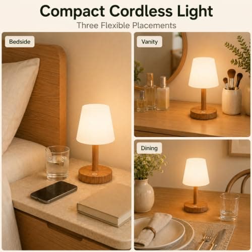 Rechargeable Table Lamp, Mini Cordless Shower Lamp for Bathroom, IP54 | 2000mAh Battery Operated, Soft glow for Shower Shelves, Vanity, Bedside and Patios, 3 Color Ttemperatures, Ttouch Dimming view 4