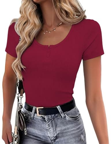 JUSTFASHIONNOW Womens Short Sleeve Tops Stretchy Henley Scoop Neck Fitted Casual Basic Ribbed T-Shirts 2026 Summer Trendy view 2