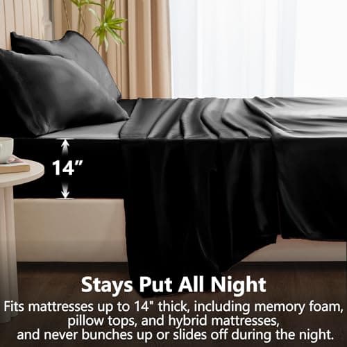 CozyLux Satin Sheets King Size Sheet Set - 4 Piece Silky King Sheets, Luxury Black King Bed Set with Smooth and Soft Microfiber, Includes 1 Fitted Sheet, 1 Flat Sheet and 2 Pillowcases view 5