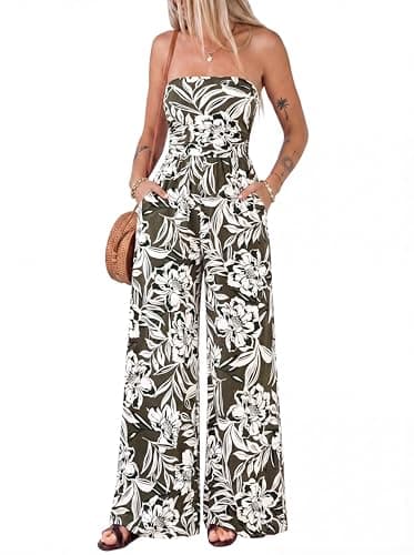 BTFBM Jumpsuits For Women Casual 2026 Floral Strapless Jumpsuit Wide Leg Rompers Beach Vacation Clothes Summer Outfits — image 1