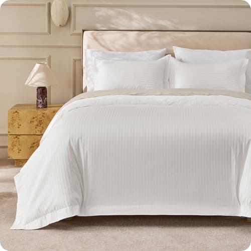 Bedsure 100% Cotton Percale Duvet Cover Queen, Luxury Hotel Duvet Cover, Striped Jacquard White Comforter Cover, PureWoven Breathable & Lightweight Bedding Set for All Season, 3 Pieces, 90"x90" view 1
