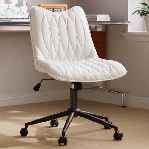 Bananister Armless Office Chair, Desk Chair No Arms, Adjustable Swivel Rolling Task Chair with Wheels, Faux Leather Upholstered, Compact for Small Space Home Office & Bedroom Vanity, White — image 1