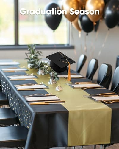 Pureegg Plastic Table Cloth Disposable 10 Pack, 54 x 108 Inch, Table Runner Style, Graduation Decorations 2026, Party Tablecloths, Rectangle, Plastic Cover, Leakproof & Sturdy, Black Gold view 2