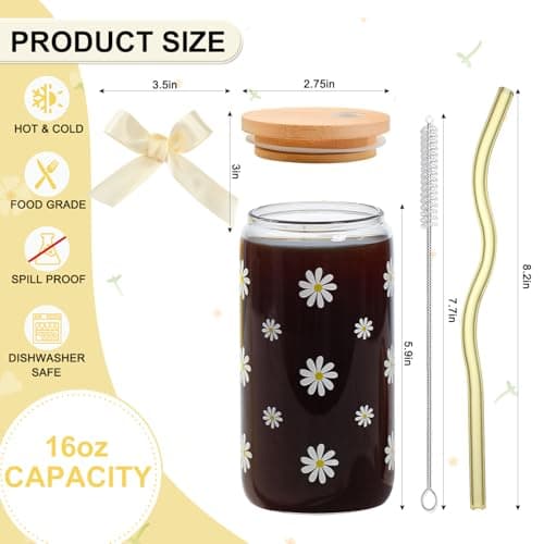 KMCCUMBER Cute Glass Cups with Lids and Straws, Teen Girl Birthday Gifts Daisy Iced Coffee Cup, Beige Aesthetic Mug Tumbler for Birthday Mothers Day Christmas Valentines Coffee Lover 16oz view 3
