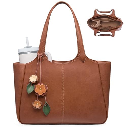 LOVEVOOK Tote Bag for Women, Leather Vintage Work Bag with 40oz Cup Holder,Nurse Teacher Shoulder Bag,Roomy,6 Pockets | Leak-resistant — image 1