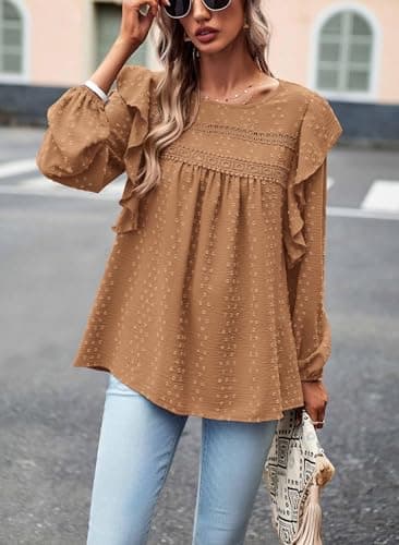 PRETTYGARDEN Women's Long Sleeve Shirts Ruffle Swiss Dot Crochet Loose Fit Tunic Dressy Casual Tops Blouses Spring Fashion view 4