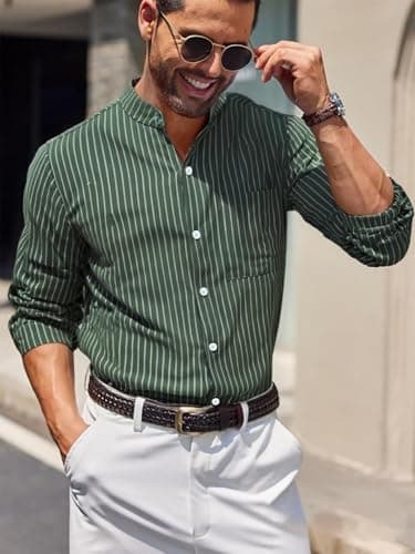 BAYAMO Men's Banded Collar Stripe Shirt, Linen Cotton Mandarin Collar Long Sleeve Button Down Shirts Collarless Tops view 4