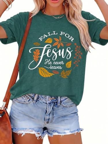 Fall Graphic Shirts for Women Faith Christian T-Shirt Vintage Autumn Thanksgiving Tops Retro Crew Neck Casual Tee — image 1