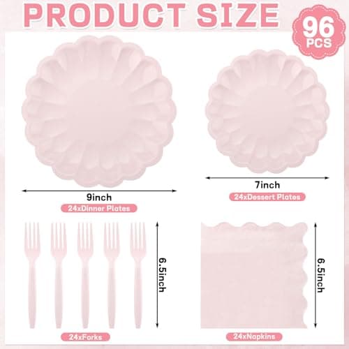 96 Pcs Pink Paper Plates and Napkins Party Supplies Serve 24 Guests Include Scalloped Mothers Day Plates 9.5", Dessert Plate 7.5", Napkins Plastic Forks for Baby Bridal Shower Wedding Birthday view 3