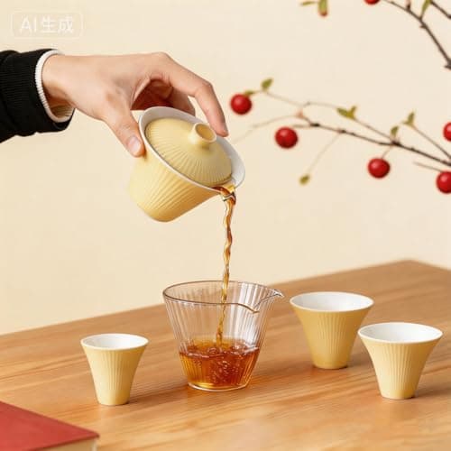 SonGis Porcelain Gongfu Tea Set, Firework Design, All in One Chinese Tea Set, Frosted Texture, Smooth Glazed Interior, Gaiwan Tea Sets for Adults, Gift Boxed, for Home & Outdoor (Gentle Yellow) view 3