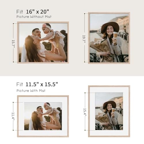 puthiac 16x20 Solid Oak Wood Picture Frame, Fits 12x16 with Mat or 16x20 Without Mat, Wall Display Only, Vertical or Horizontal, Plexi Front, 3 Pack, Natural Oak view 5