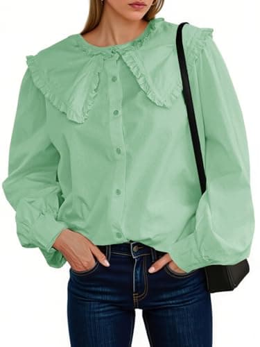 Tankaneo Womens Button Down Shirts Cotton Puff Sleeve Babydoll Blouse Fall Casual Doll Collar Tops — image 1