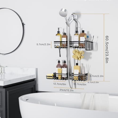 KEGII Shower Caddy Hanging for Handheld Showerheads, Rustproof Hanging Shower Organizer with Soap Dish, Toothbrush Holder and Hooks, Over Showerhead Caddy for Bathroom view 2