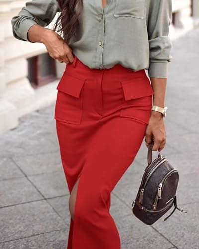 KIRUNDO Midi Skirts for Women Spring Summer High Waisted Cargo Trendy Pencil Slit Dressy Casual Business Work Long Skirt view 6