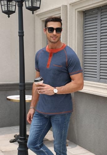 KUYIGO Mens Henley Short Sleeve T Shirt Casual Button Basic Tee Shirts Summer with Pocket view 5