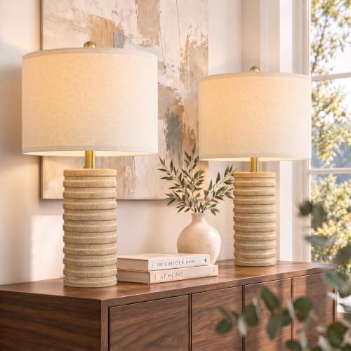 PoKat 23'' Farmhouse Table Lamps Set of 2 for Bedroom, Stone-Like Ceramic | Bedside Lamps for Nightstand, Distressed Handcrafted Base, Antique Sand-Beige Color, Boho Lamps for Living Room Side Table — image 1