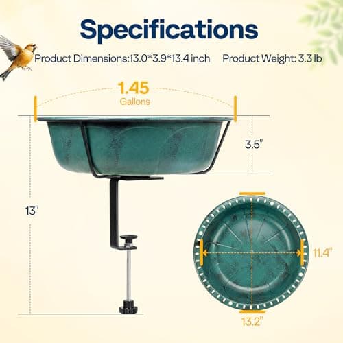 VIVOHOME Deck Mounted Bird Bath for Outside, Weather-Resistant ABS Bird Bath and Feeder with Adjustable Metal Clamp for Railing, Fence, Balcony, 1.45 Gallons, Green view 2