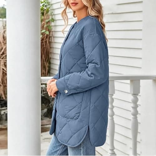 Quilted Jackets for Women Warm Mid Length Lightweight Puffer Coats | Casual Long Sleeve Button down Diamond Puffer Jacket Coats Fashion Fall Winter Padded Outerwear with Pockets view 3