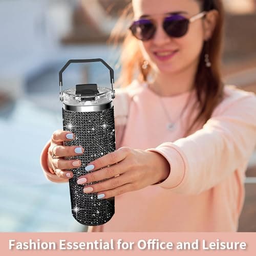 30oz Bling Rhinestone Studded Tumbler with Top Handle, Bling Cups Stainless Steel Water Bottle Diamond Glitter Tumbler for Women - Birthday Gifts for Women, Mom,Get Well Soon Gifts (Black) view 2