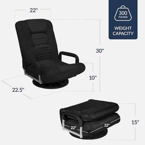 Best Choice Products Swivel Gaming Chair 360 Degree Multipurpose Floor Chair Rocker for TV, Reading, Playing Video Games w/Lumbar Support, Armrest Handles, Adjustable Foldable Backrest - Black/Black view 3