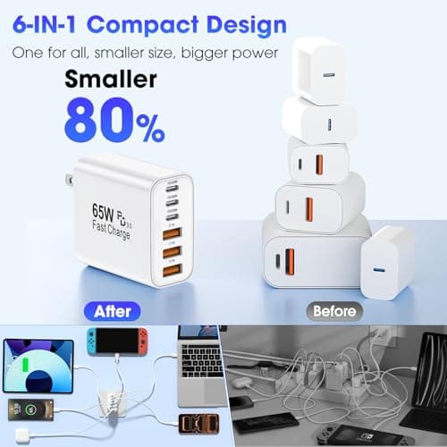 USB C Charger Block,2 Pack 65W 6 Port USB C Wall Charger,6 in 1 iPhone Charger Fast Charging PD+QC Power Adapter Multiport Type C Brick Chargers for iPhone 17/16/15/14/13/12/Pro Max/XS/Samsung view 3