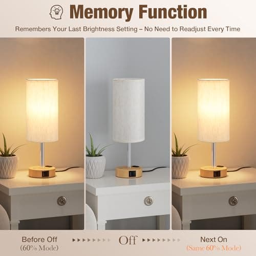 Touch Bedside Table Lamp for Bedroom, Stepless Dimmable, USB A+C, AC Outlet | Base Touch Button Only, Memory Brightness, Ultra-dim Night Light, Included Bulb for Optimal Dimming, Wood Grain Base, Nursery view 6