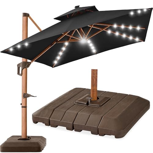 Best Choice Products 10ft Square Cantilever Patio Umbrella w/Base Included, Woodgrain Pattern Pole & Solar LED Lights, 360-Rotation, Offset Hanging Outdoor Shade - Black view 1