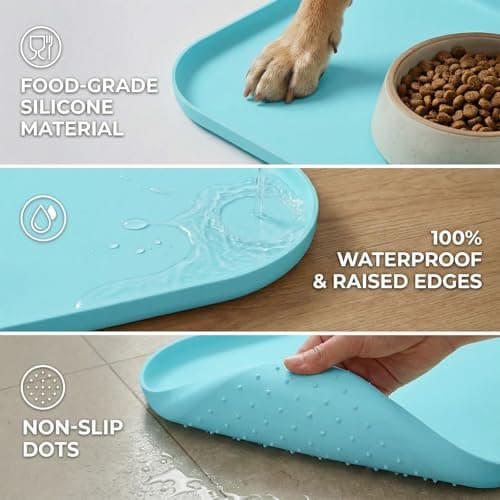 Waterproof Silicone Pet Feeding Mat Blue with Raised Edge,24" x 16"Non-Skid Spill Proof Dog Bowl Mats, Easy Clean Cat Bowls Placemat for Cats and Dogs view 4