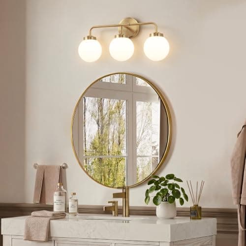 Gold Bathroom Light Fixtures, 3-Light Bathroom Gold Vanity Light | 22" Mid Century Modern Vanity Light Over Mirror with Milky White Glass Shades for Bathroom Hallway, Living Room view 4